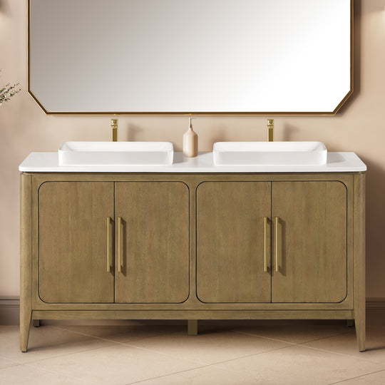 Heidi 60 in. Light Brown Oak Bathroom Vanity with White Quartz Top and Brushed Gold Hardware