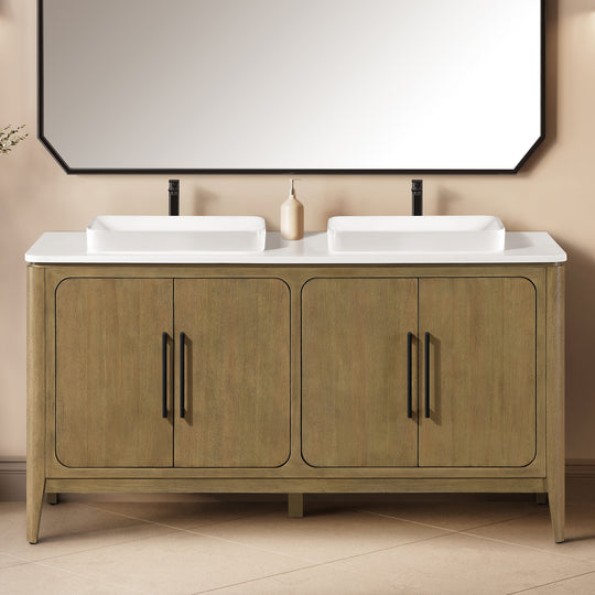 Heidi 60 in. Light Brown Oak Bathroom Vanity with White Quartz Top and Matte Black Hardware