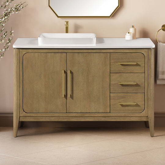 Heidi 48 in. Light Brown Oak Bathroom Vanity with White Quartz Top and Brushed Gold Hardware