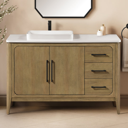 Heidi 48 in. Light Brown Oak Bathroom Vanity with White Quartz Top and Matte Black Hardware