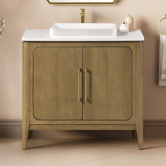 Heidi 36 in. Light Brown Oak Bathroom Vanity with White Quartz Top and Brushed Gold Hardware