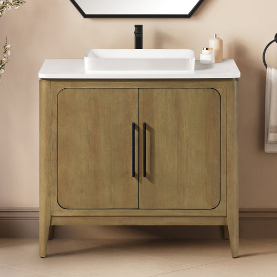 Heidi 36 in. Light Brown Oak Bathroom Vanity with White Quartz Top and Matte Black Hardware